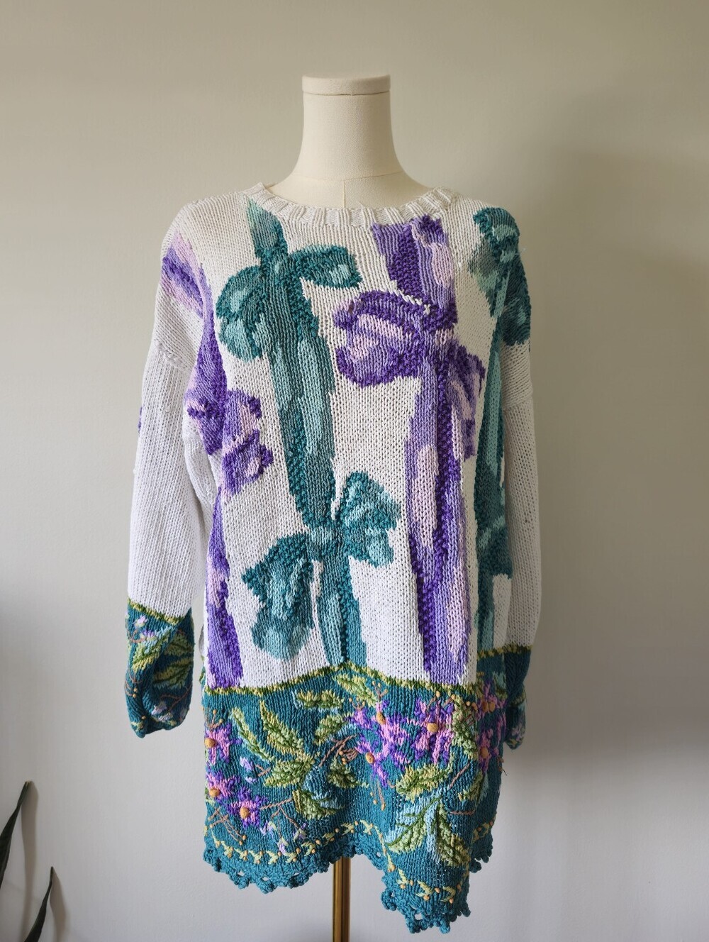 Jennifer Reed M vintage 1990's floral bows hand knit sweater cotton blend rare